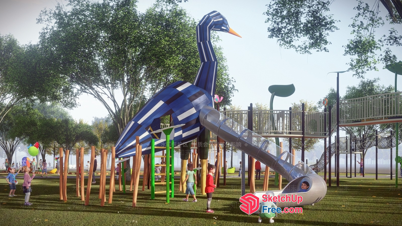 Colorful Playful Children'S Playground With Unique Bird-Shaped Slide 3D SketchUp File