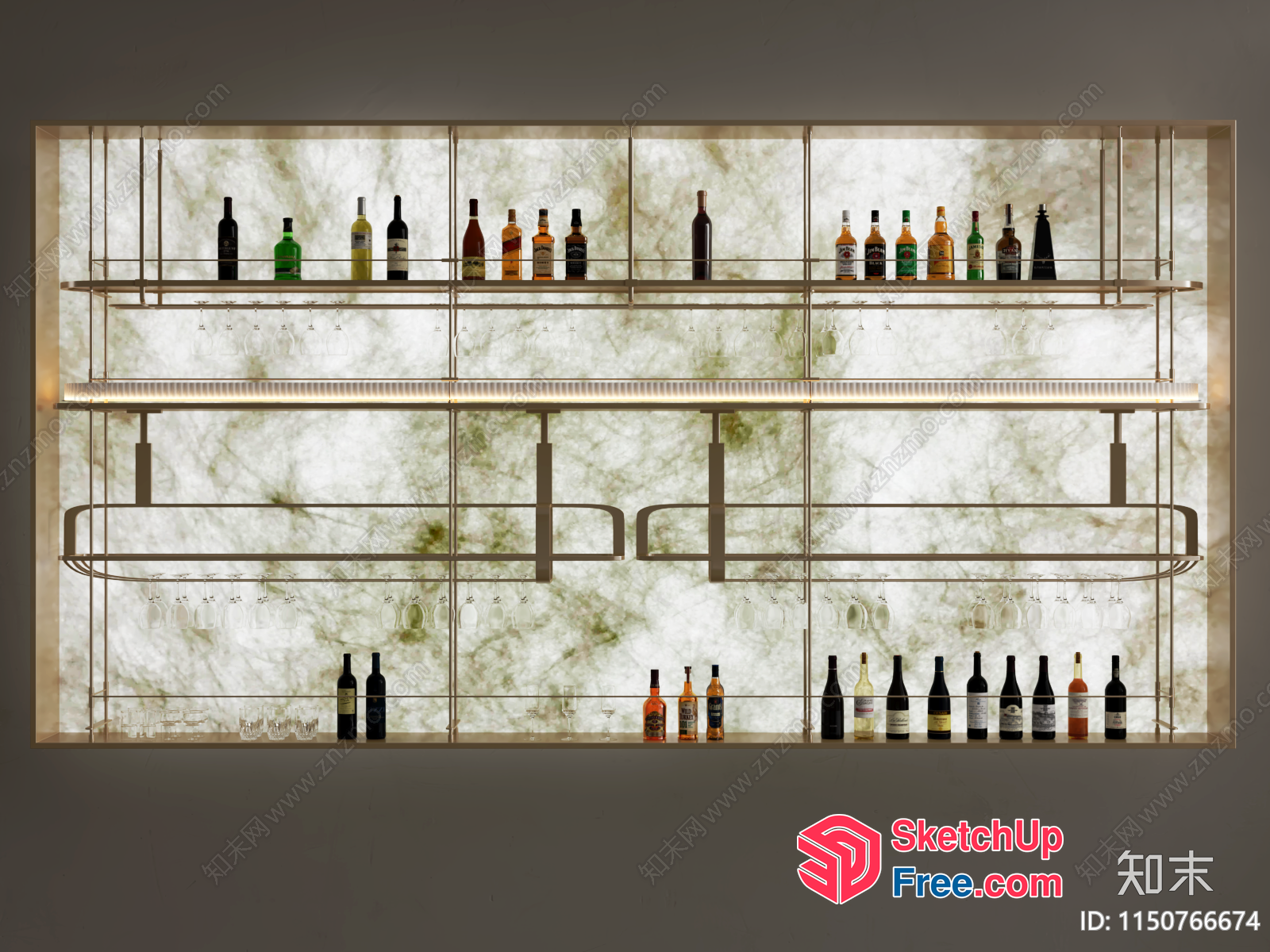 Modern Bar Interior With Wine Bottles And Glasses 3D SketchUp File