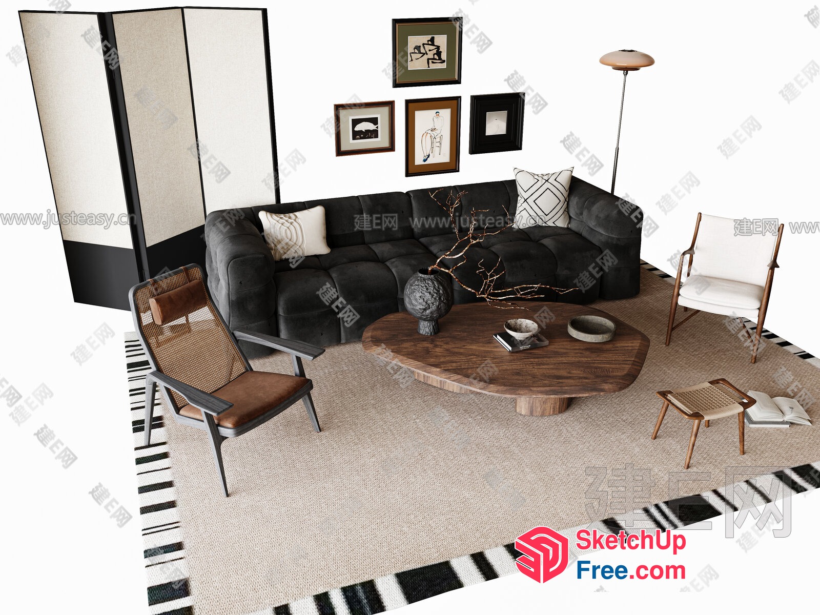 Modern Living Room With Dark Sofa And Wooden Coffee Table 3D SketchUp File