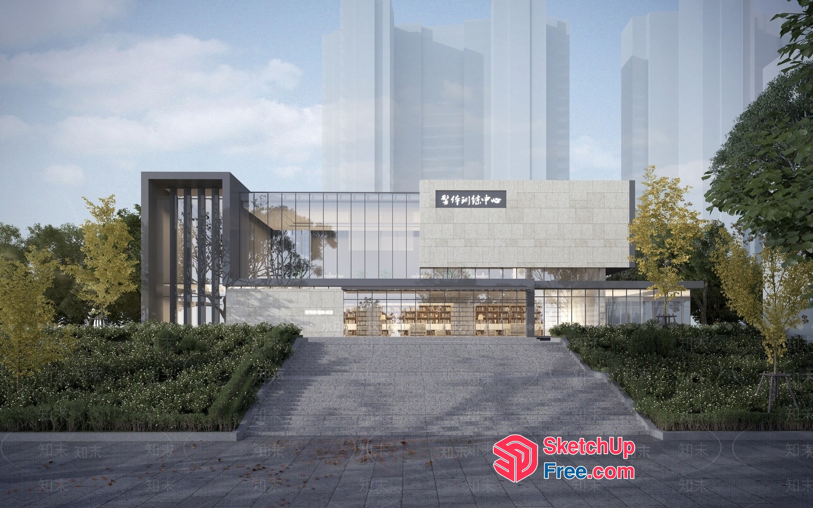 Modern Commercial Building With Glass Curtain Wall 3D SketchUp File
