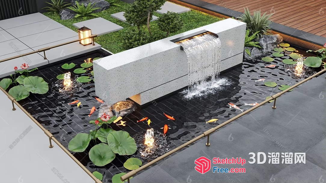 Serene Water Feature With Koi Fish And Lush Greenery 3D SketchUp File