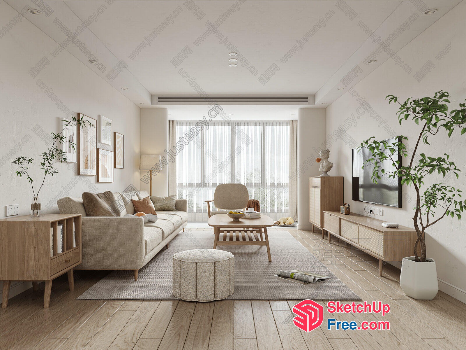 Modern Living Room With Neutral Color Scheme And Natural Wood Accents 3D SketchUp File