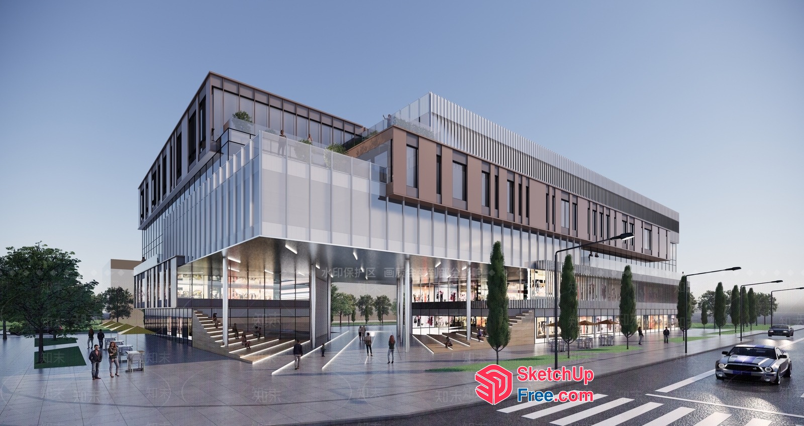 Modern Office Building With Glass Curtain Wall And Stairs 3D SketchUp File