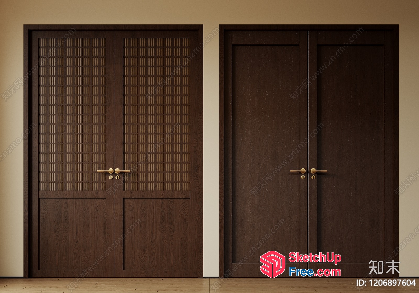 Two Brown Doors With Unique Patterns And Gold Hardware 3D SketchUp File