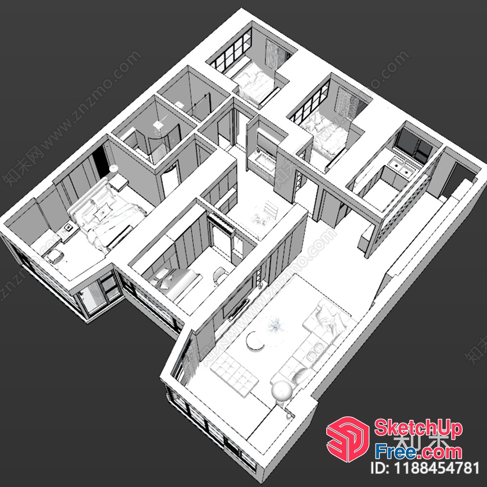 3D Model Of A Modern Apartment Plan With A Balcony 3D SketchUp File
