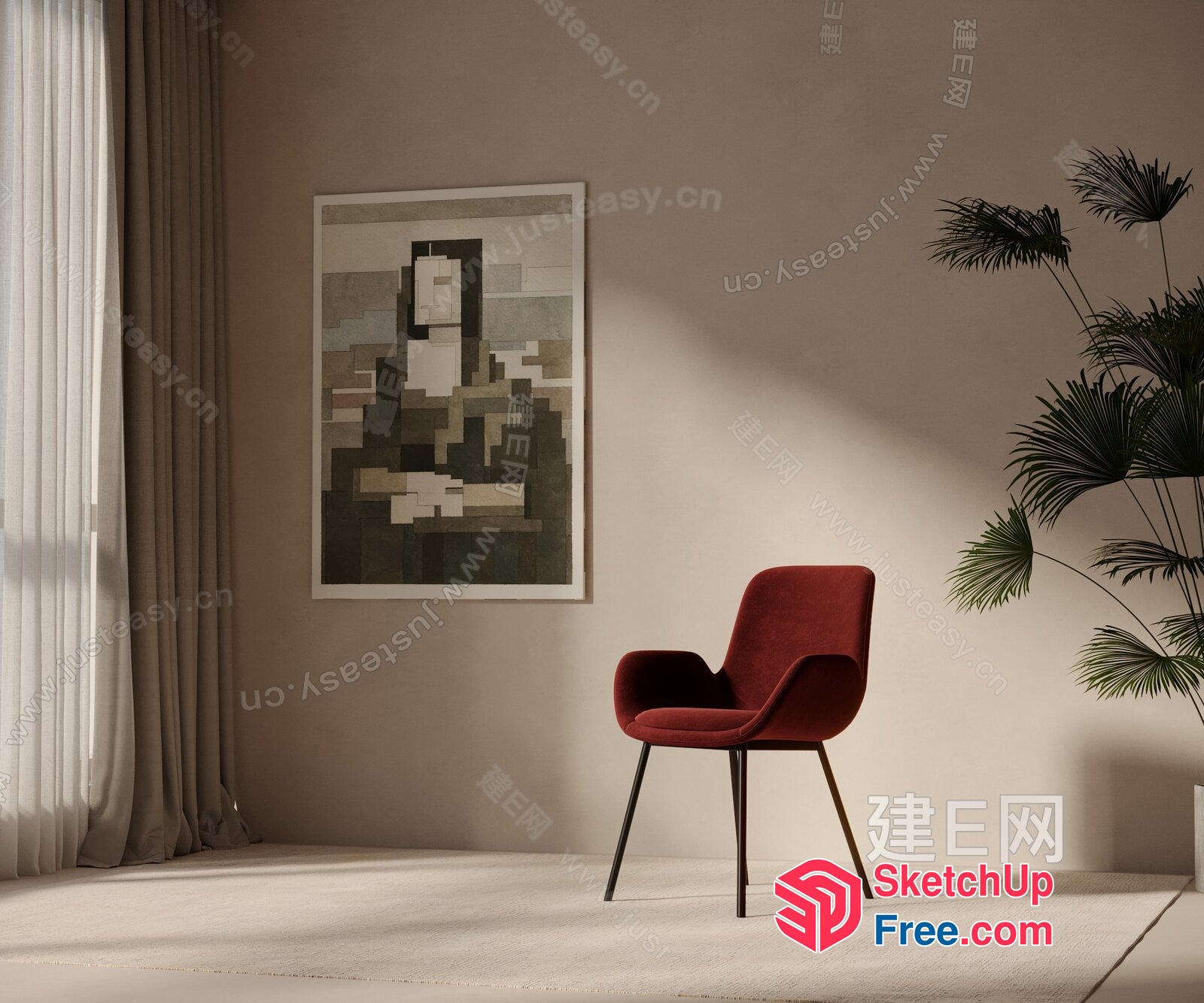 Minimalist Style Living Room With Red Chair And Abstract Art 3D SketchUp File