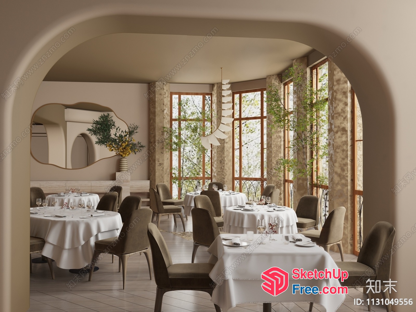 Elegant Dining Room With Large Windows And White Tablecloths 3D SketchUp File