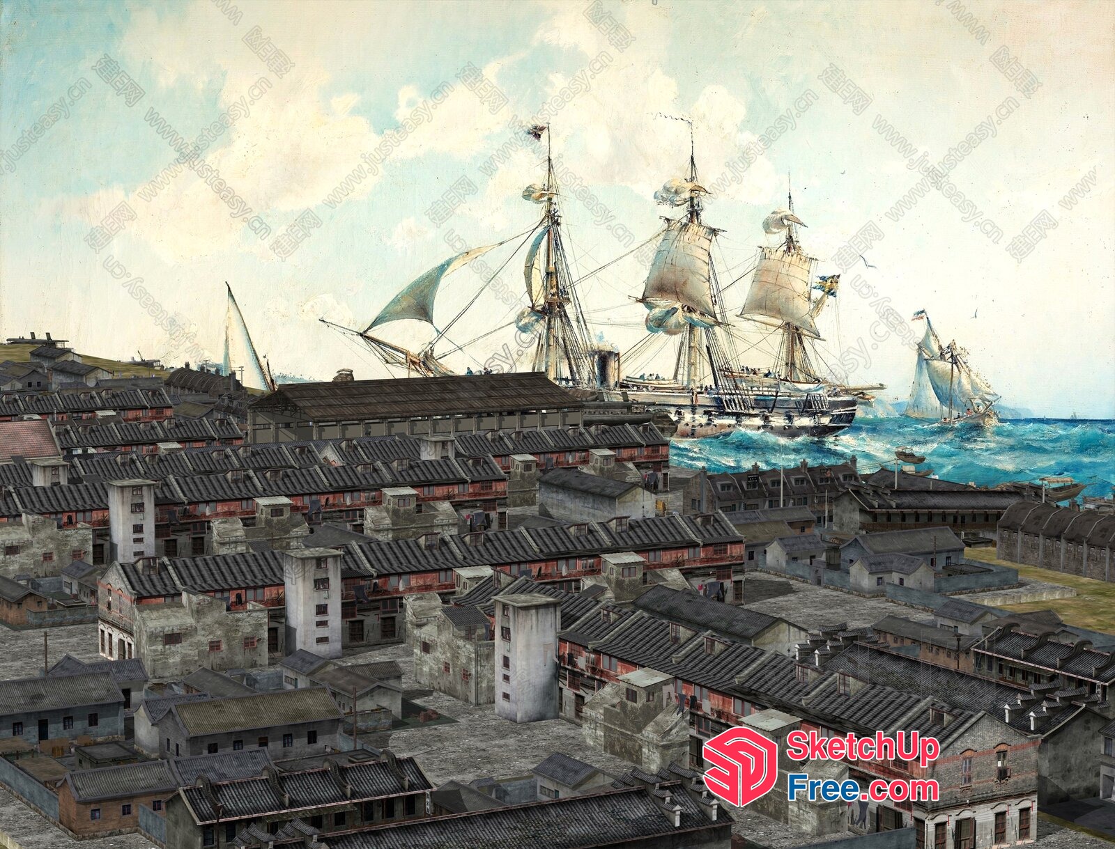 Old Town With Sailboats And Traditional Architecture 3D SketchUp File