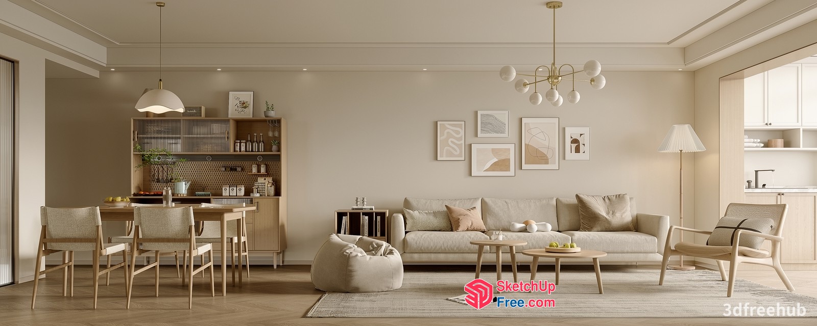 Minimalist Scandinavian Living Room With Beige And White Color Scheme 3D SketchUp File
