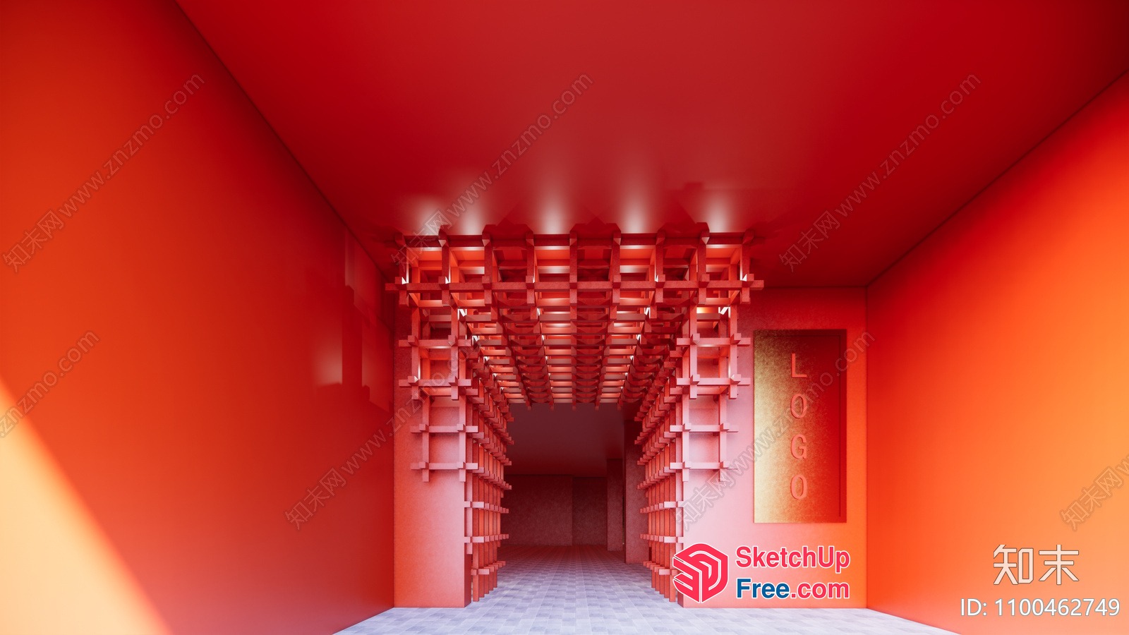 Vibrant Red Interior Hallway With Pillars And Stairs 3D SketchUp File
