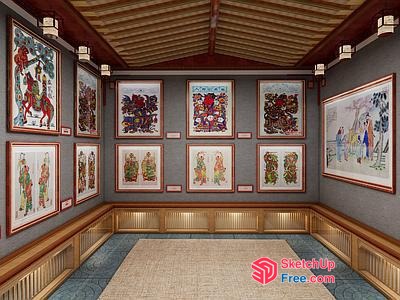Classic Asian Art Gallery With Pillars And Hanging Art 3D SketchUp File
