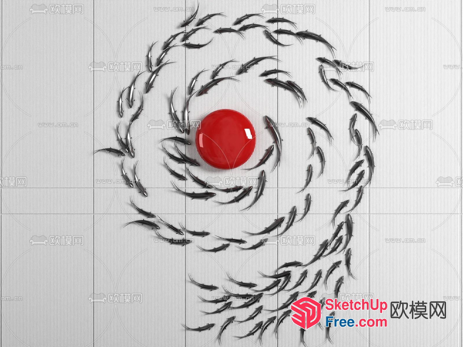 A Red Circle Surrounded By A Spiral Of Fish 3D SketchUp File