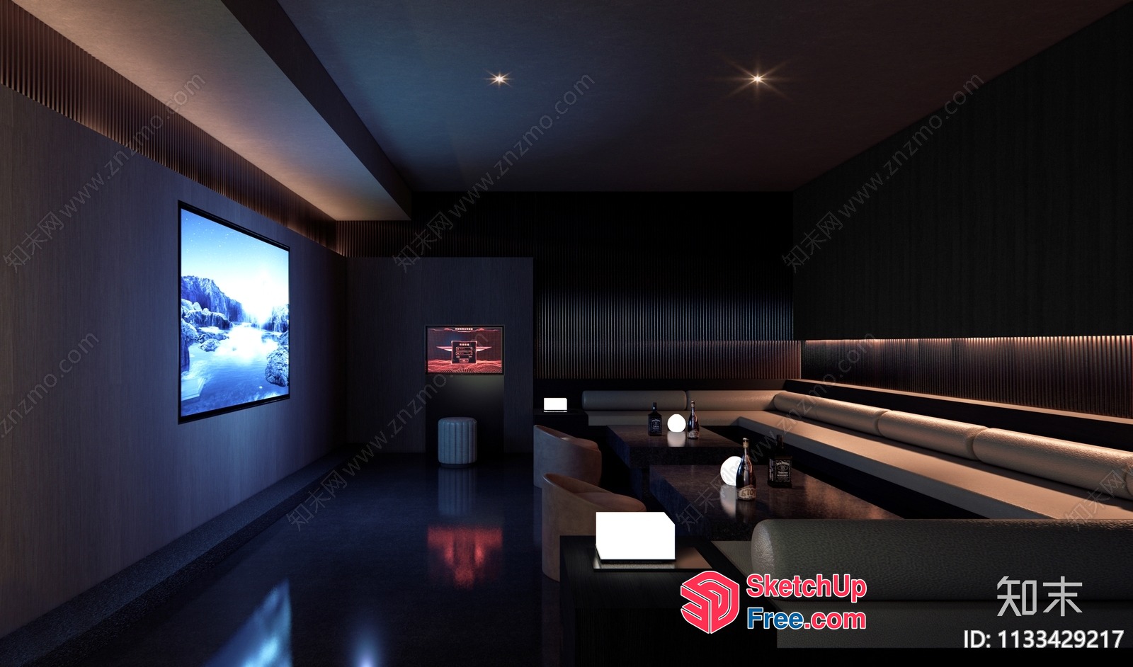 Modern Darkly Lit Room With Tvs And Seating 3D SketchUp File