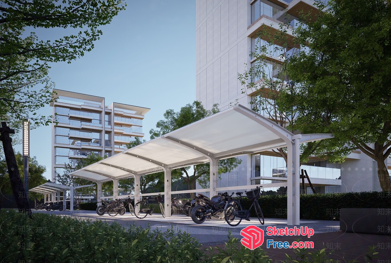 Modern Outdoor Bike Parking Area With White Canopy 3D SketchUp File
