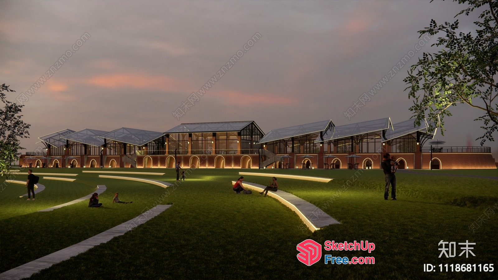 A Large Building With A Glass Curtain Wall And A Lawn 3D SketchUp File