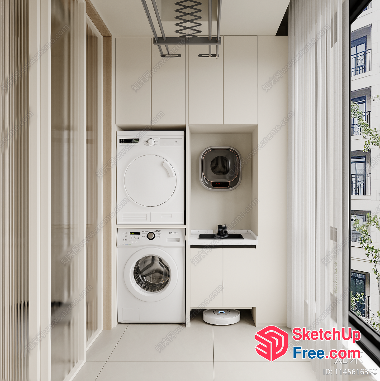 Modern Apartment Interior With Sleek Washing Machines And Balcony 3D SketchUp File