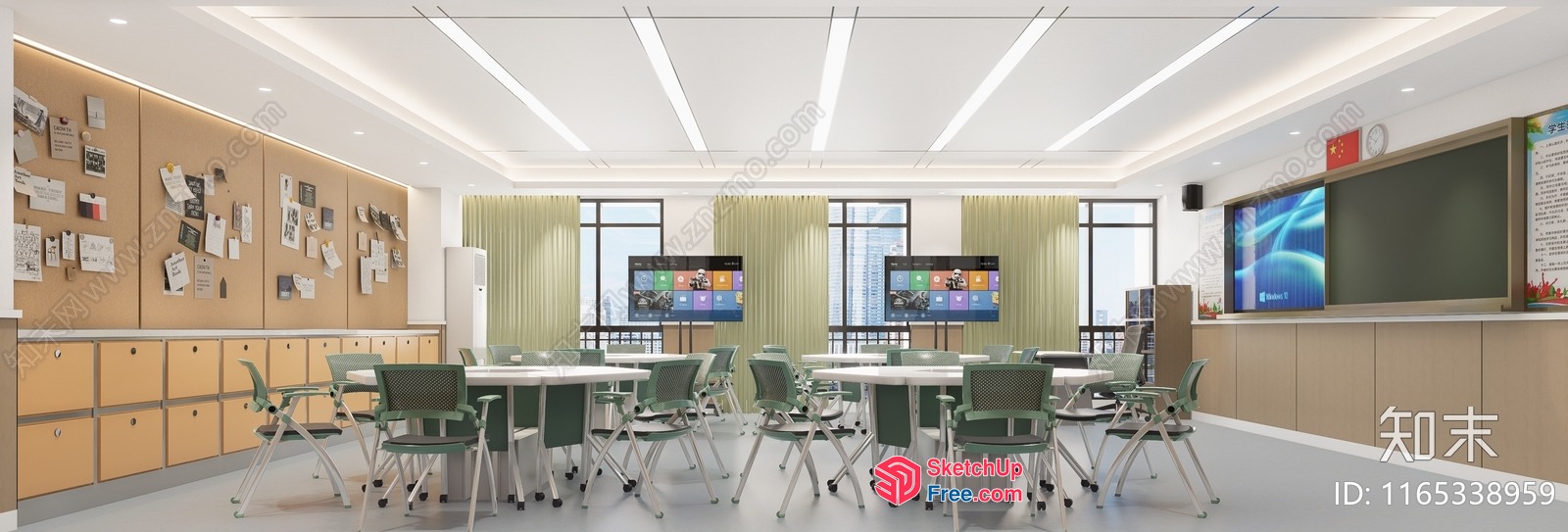 Modern Office Space With White Tables And Green Chairs 3D SketchUp File
