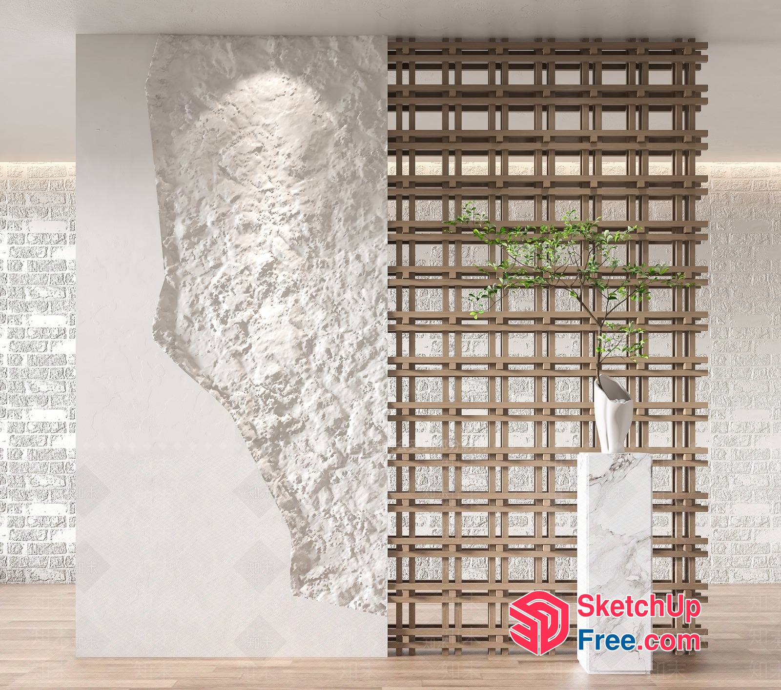 White Marble Pillar With Wooden Lattice Wall 3D SketchUp File