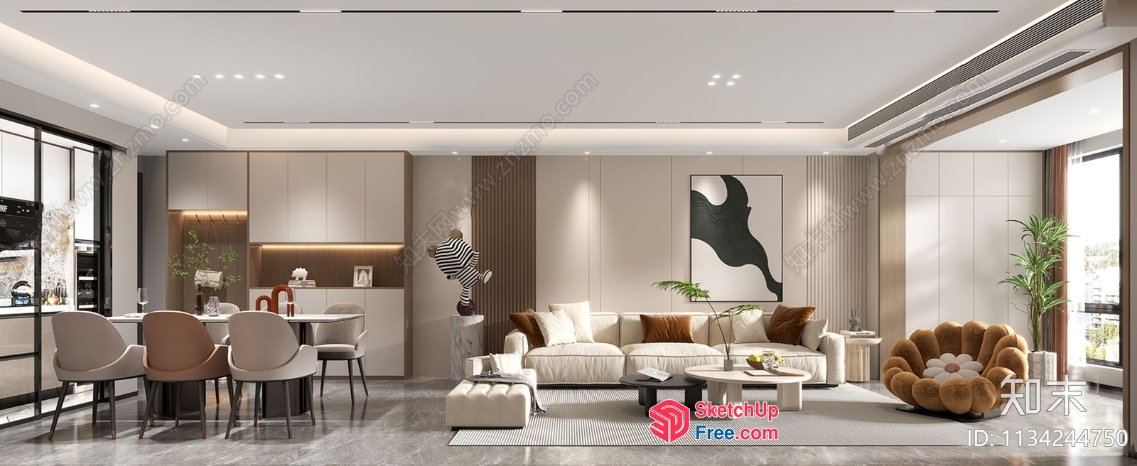 Modern Living Room Interior With White Sofa And Dining Table 3D SketchUp File