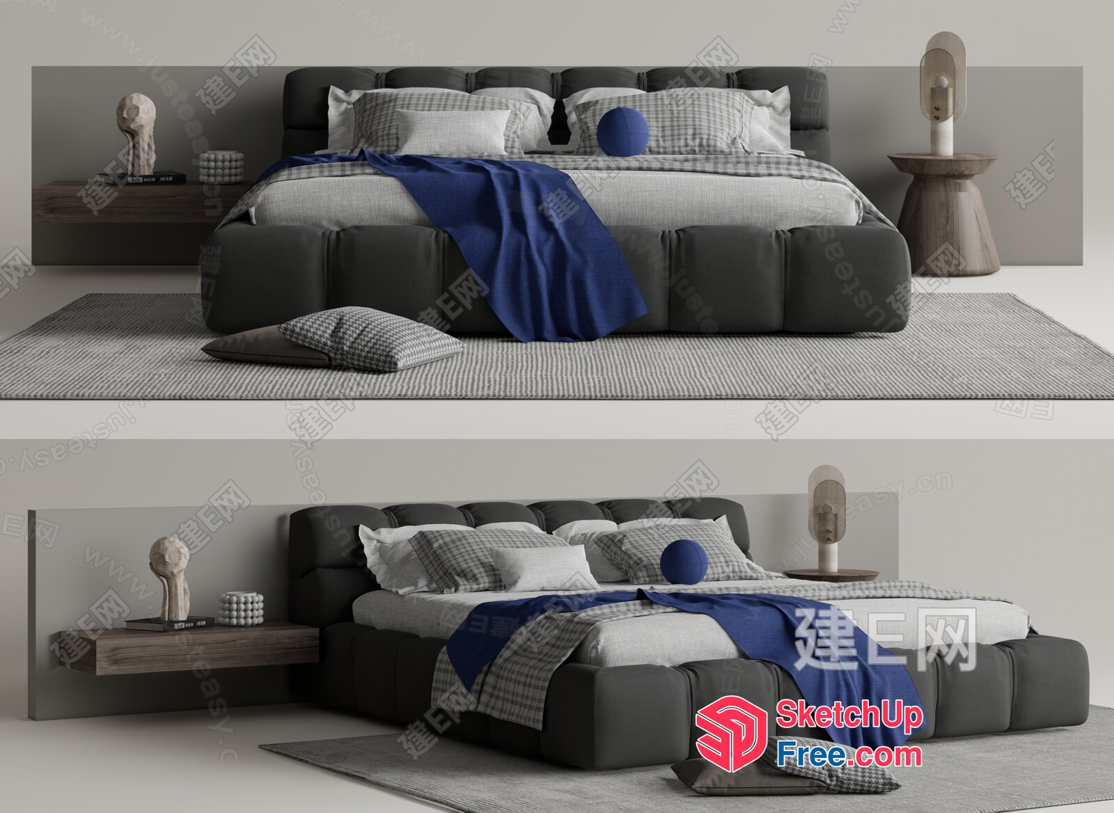 Minimalist Style Bedroom With Blue Throw Blanket And Pillows 3D SketchUp File