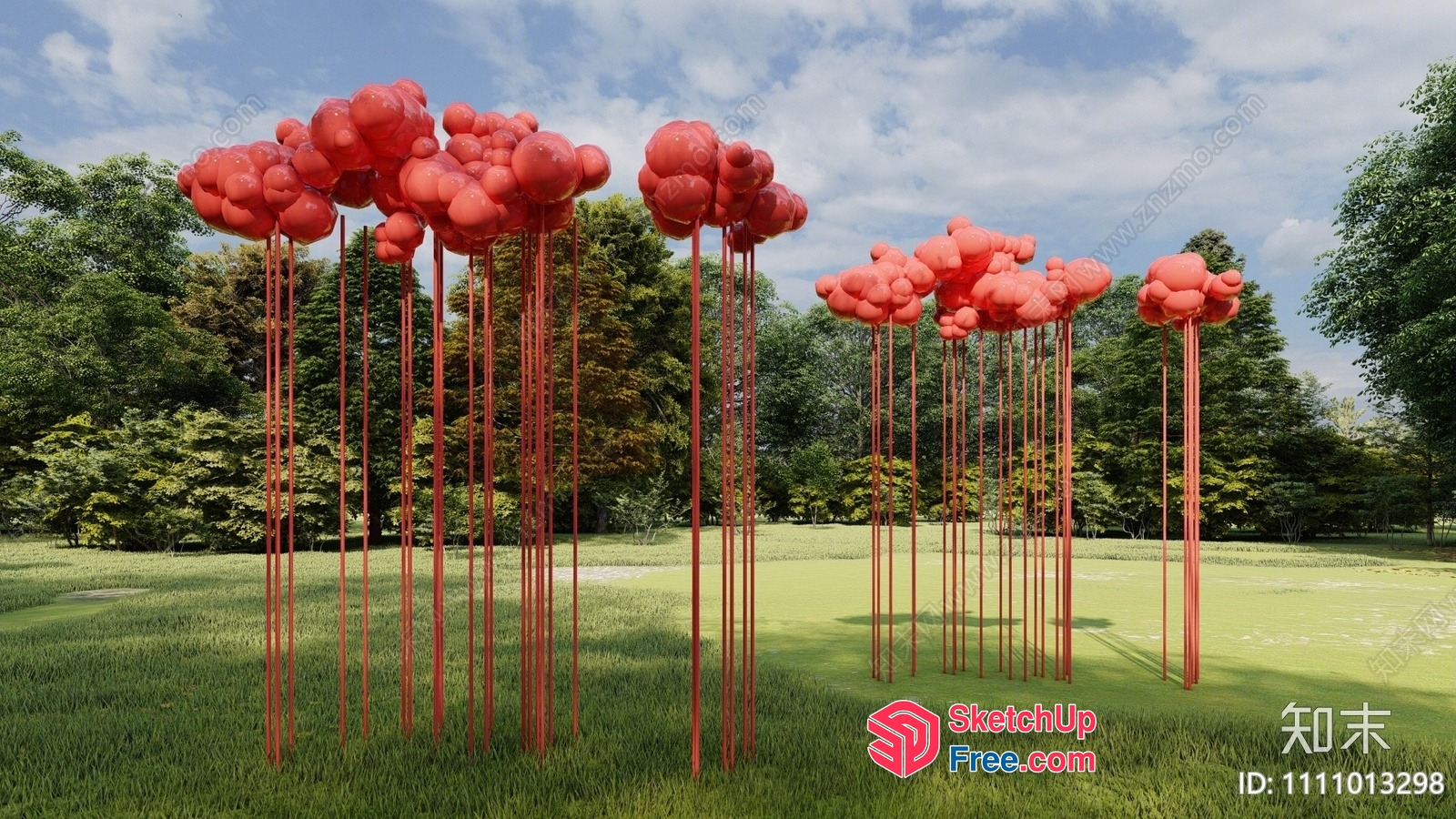 Red Clouds In A Lush Green Park 3D SketchUp File