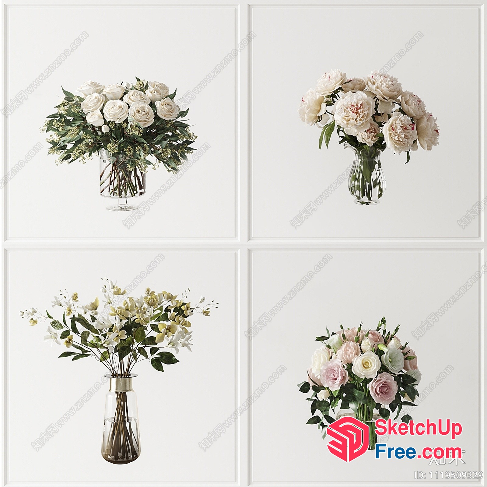 Elegant White And Pink Flower Arrangements In Glass Vases 3D SketchUp File