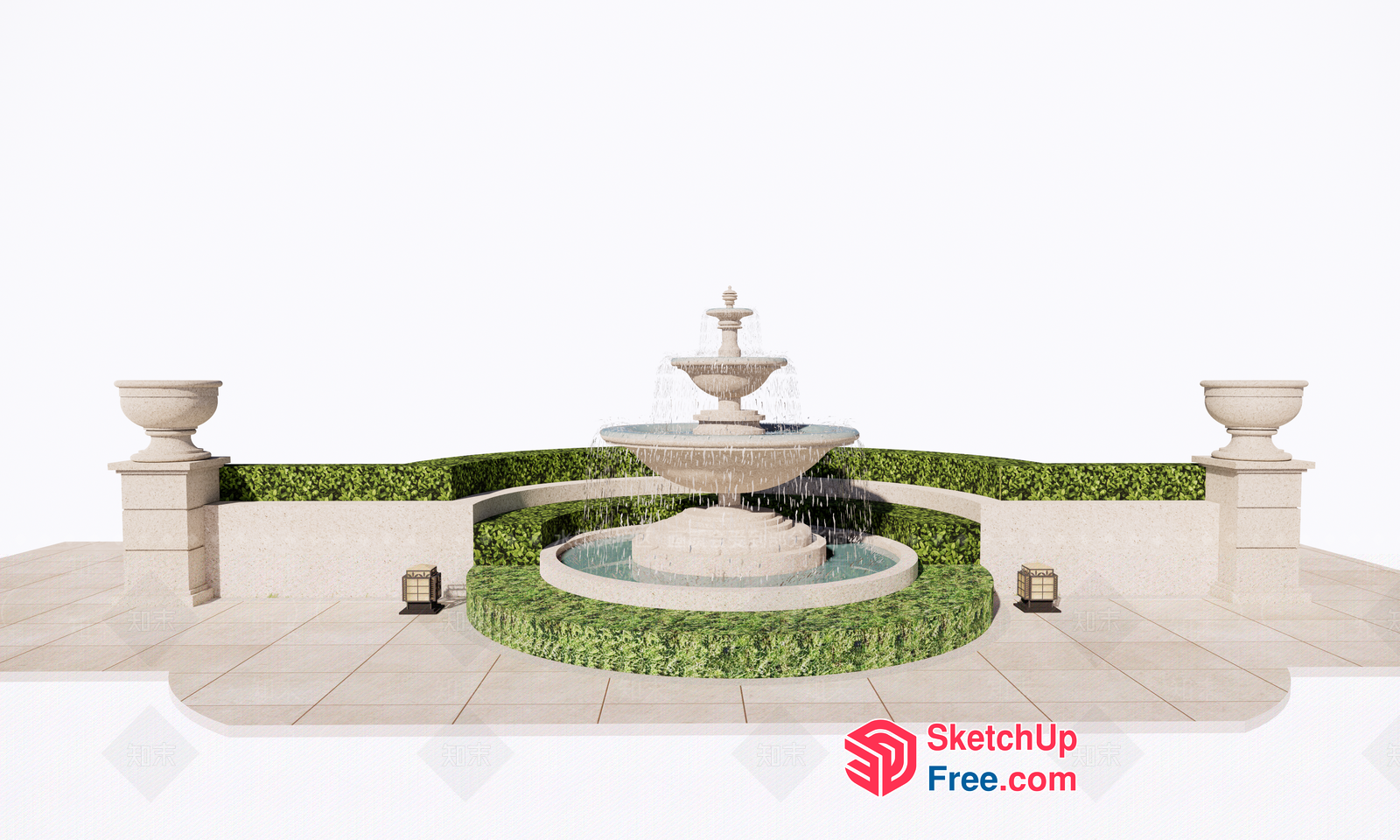 Elegant Outdoor Fountain With Pillars And Greenery 3D SketchUp File