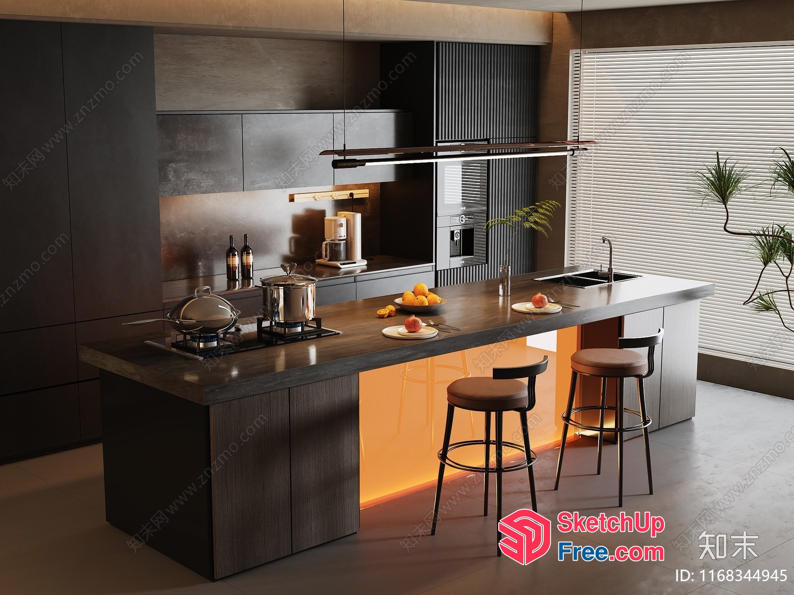 Modern Kitchen With Dark Wood Accents And Sleek Lighting 3D SketchUp File