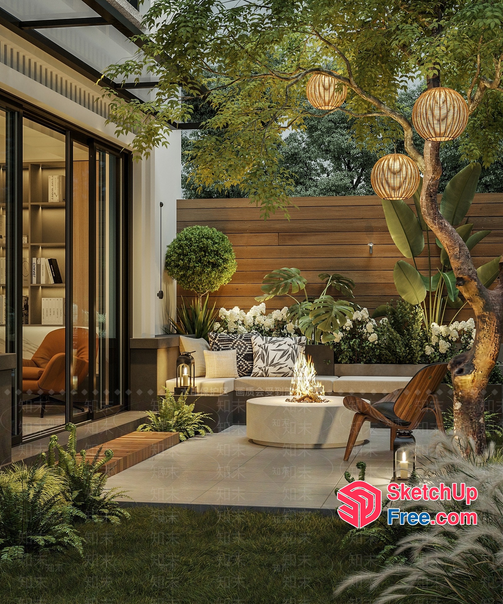 Cozy Outdoor Living Space With Fireplace And Lanterns 3D SketchUp File