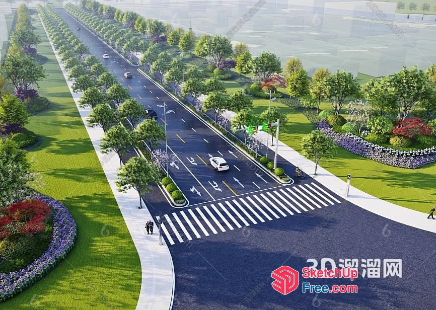Aerial View Of A Commercial Street With Trees And A Road 3D SketchUp File