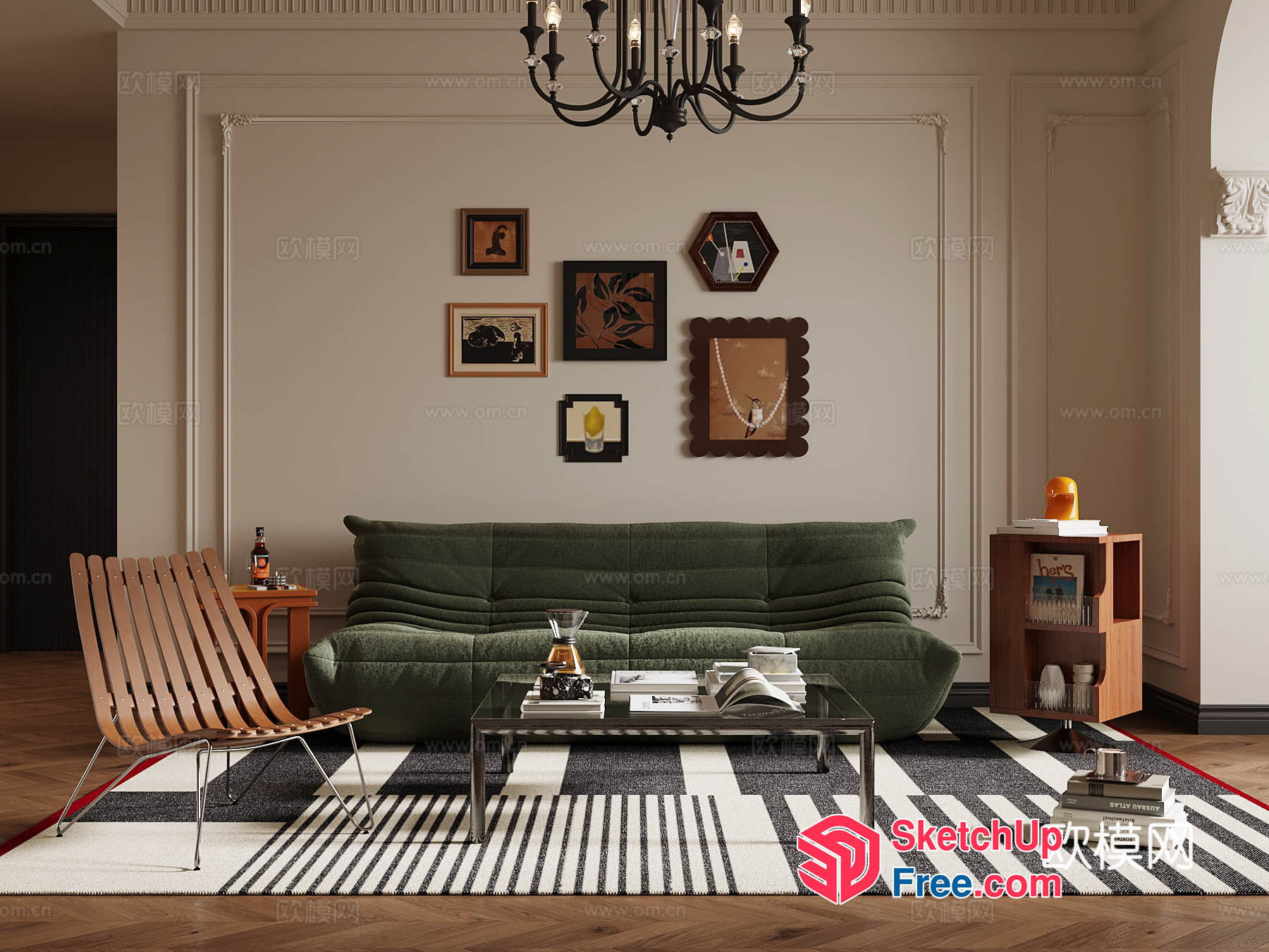 Modern Living Room With Striped Rug And Green Sofa 3D SketchUp File
