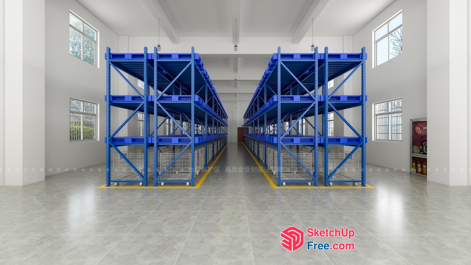 Large Warehouse With Blue Shelving Units And White Walls 3D SketchUp File