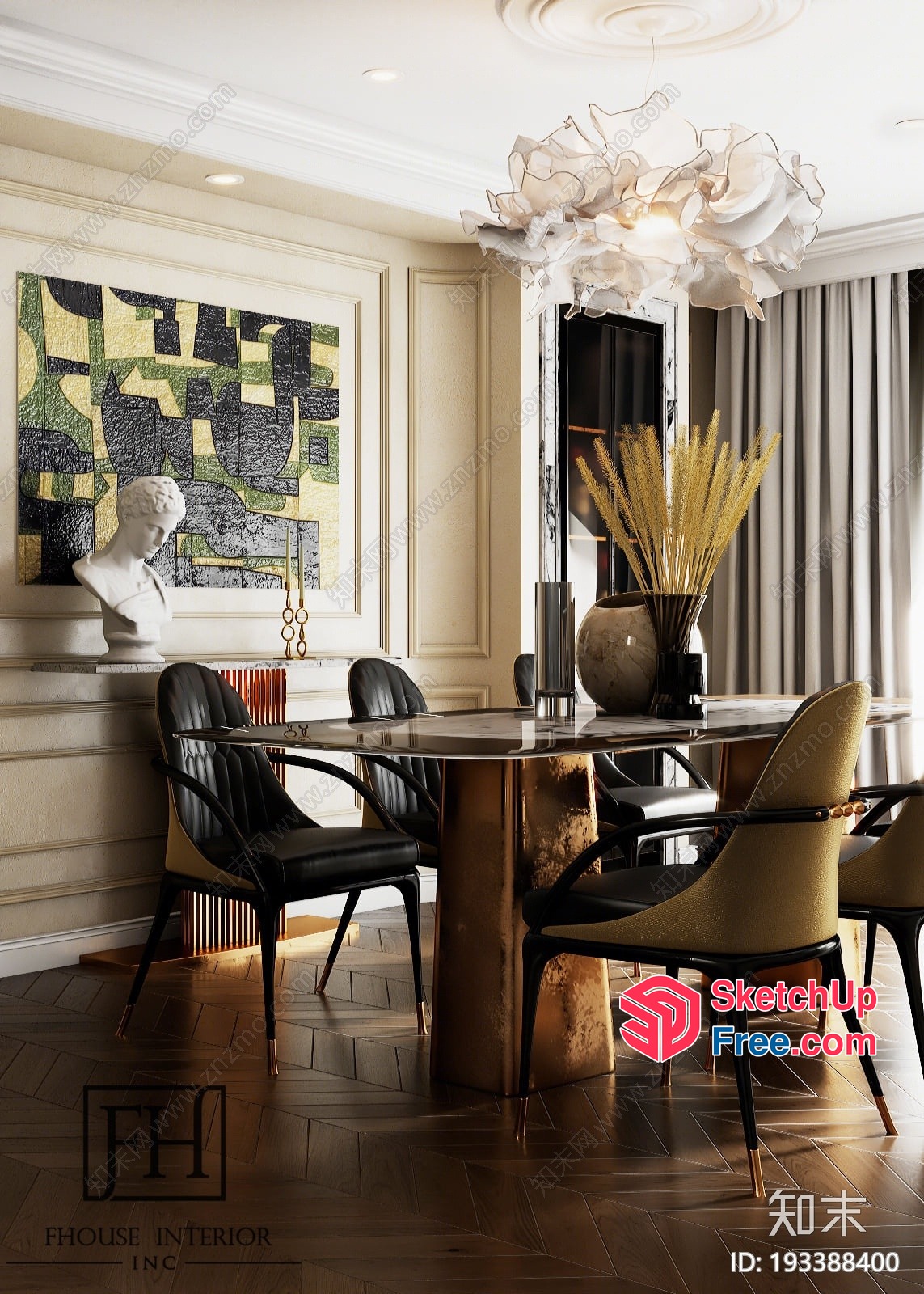 Elegant Modern Dining Room With Creamy Style And Pillar 3D SketchUp File
