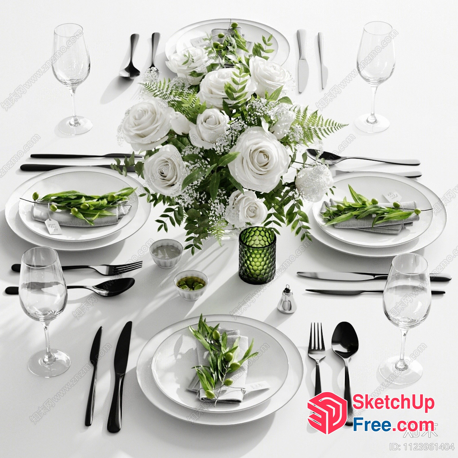 Elegant White Roses And Greenery Table Setting 3D SketchUp File