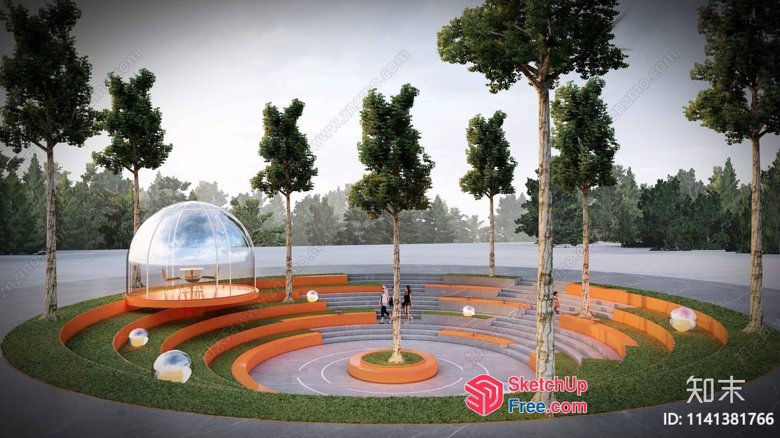 Modern Outdoor Amphitheater With Glass Dome And Curved Seating 3D SketchUp File