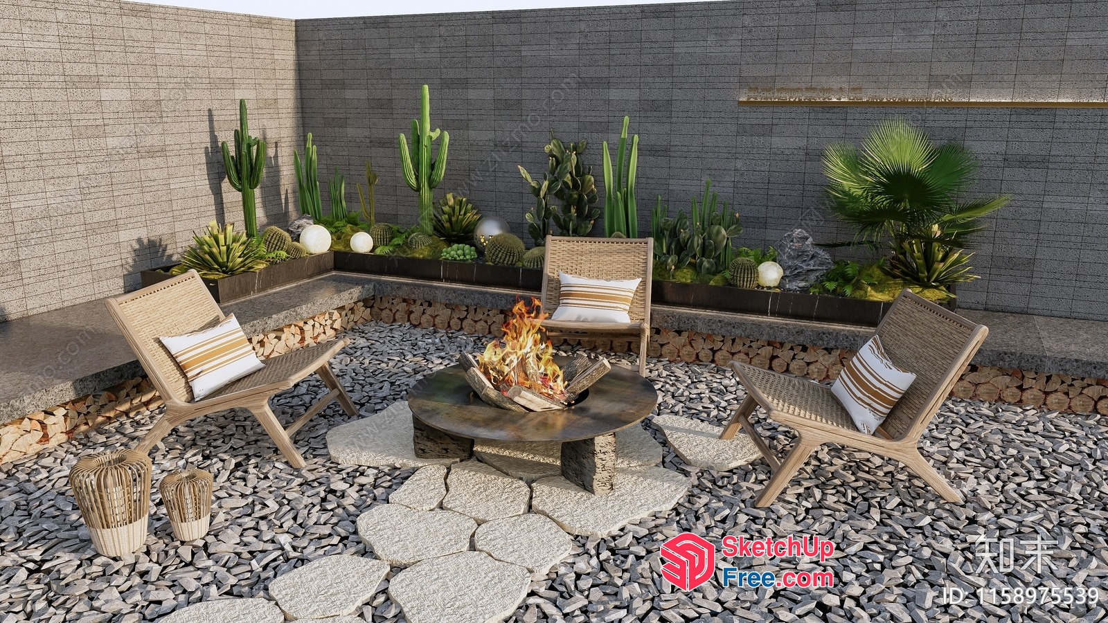Modern Outdoor Seating Area With Fire Pit 3D SketchUp File
