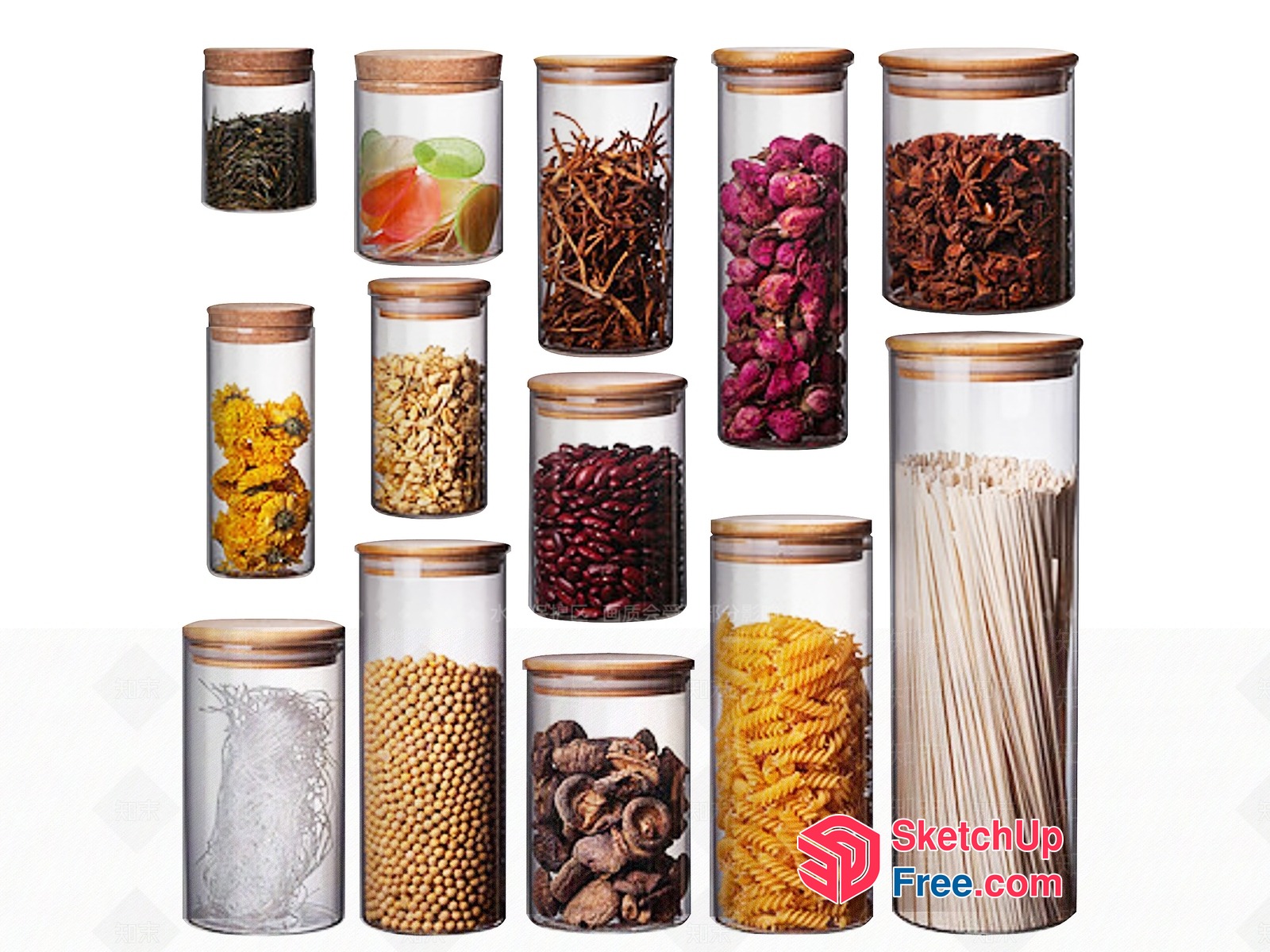 Glass Jars With Wooden Lids And Various Contents 3D SketchUp File