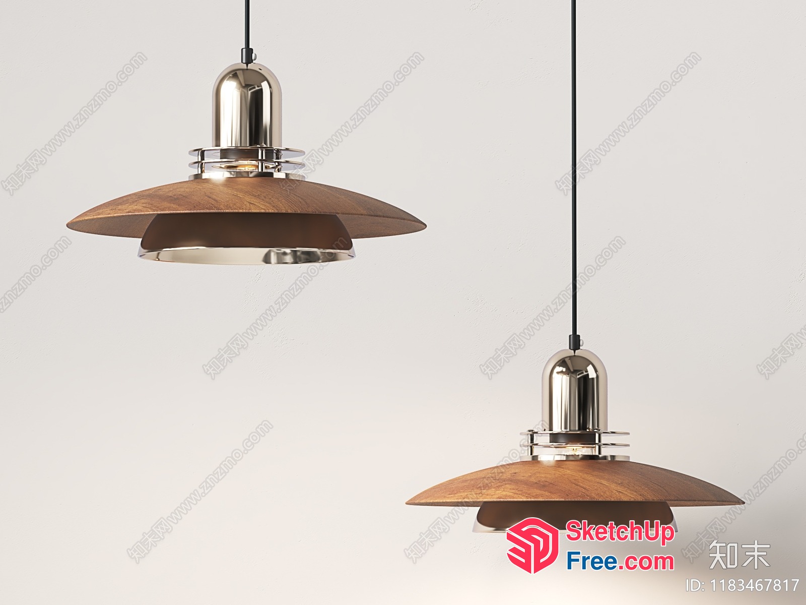 Two Hanging Lamps With Wooden Shades And Metal Fixtures 3D SketchUp File
