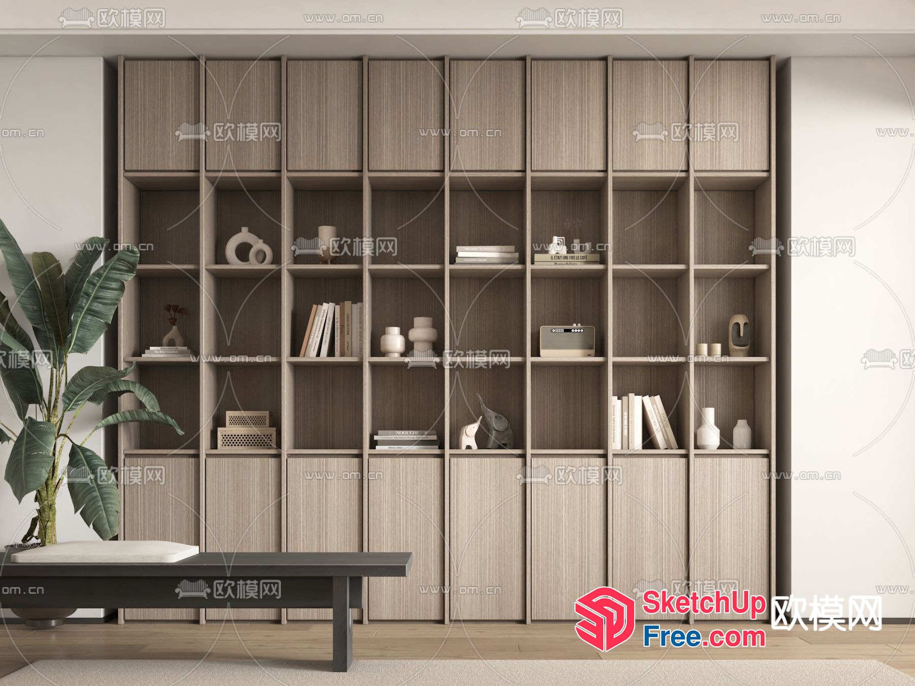 Modern Minimalist Wooden Bookcase With Decorative Shelves And Cabinets 3D SketchUp File