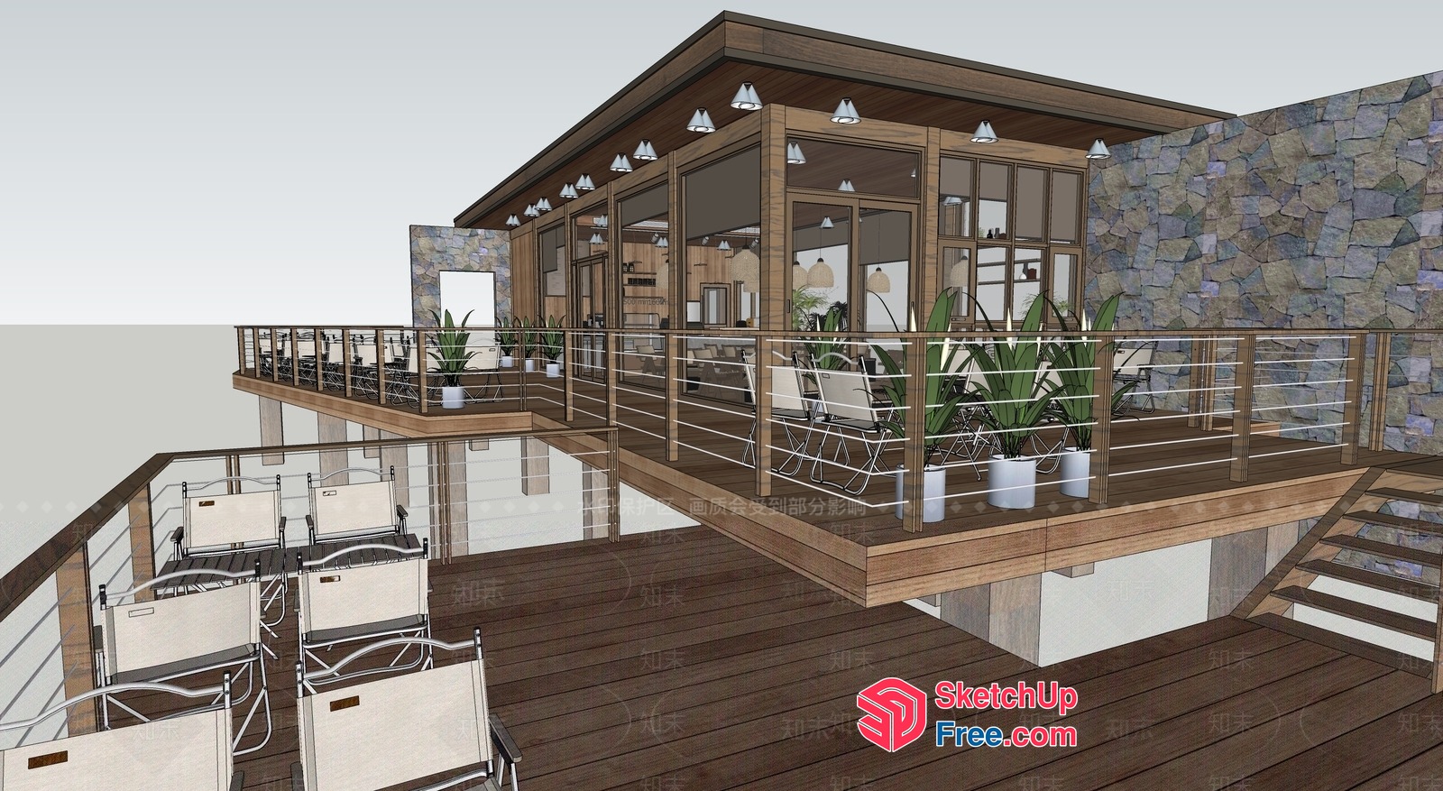 Modern Exterior Deck Design With Glass Railings And Potted Plants 3D SketchUp File
