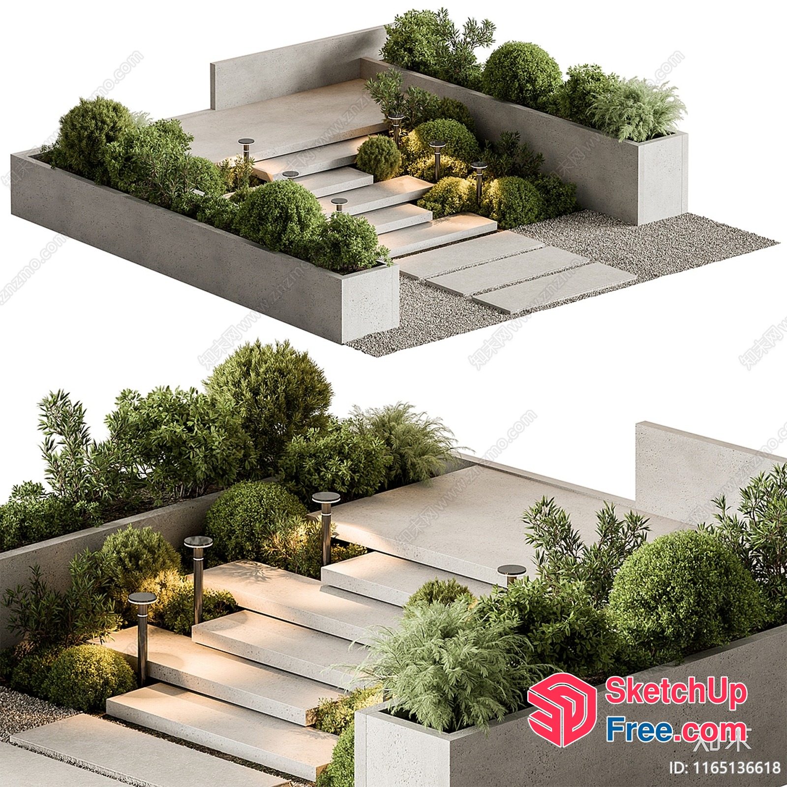Modern Concrete Stairway With Greenery And Lighting 3D SketchUp File