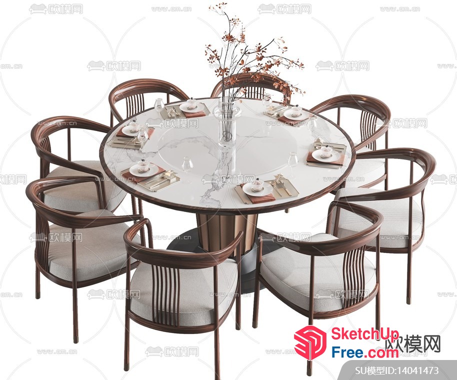 Elegant Round Dining Table With Glass Top And Wooden Chairs 3D SketchUp File