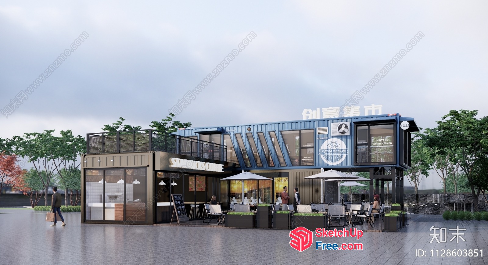 Modern Commercial Street With Unique Container Architecture 3D SketchUp File