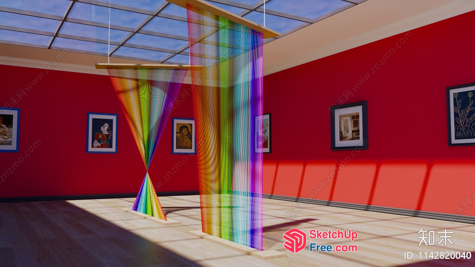 Colorful Rainbow Curtain Pillars In Art Gallery 3D SketchUp File