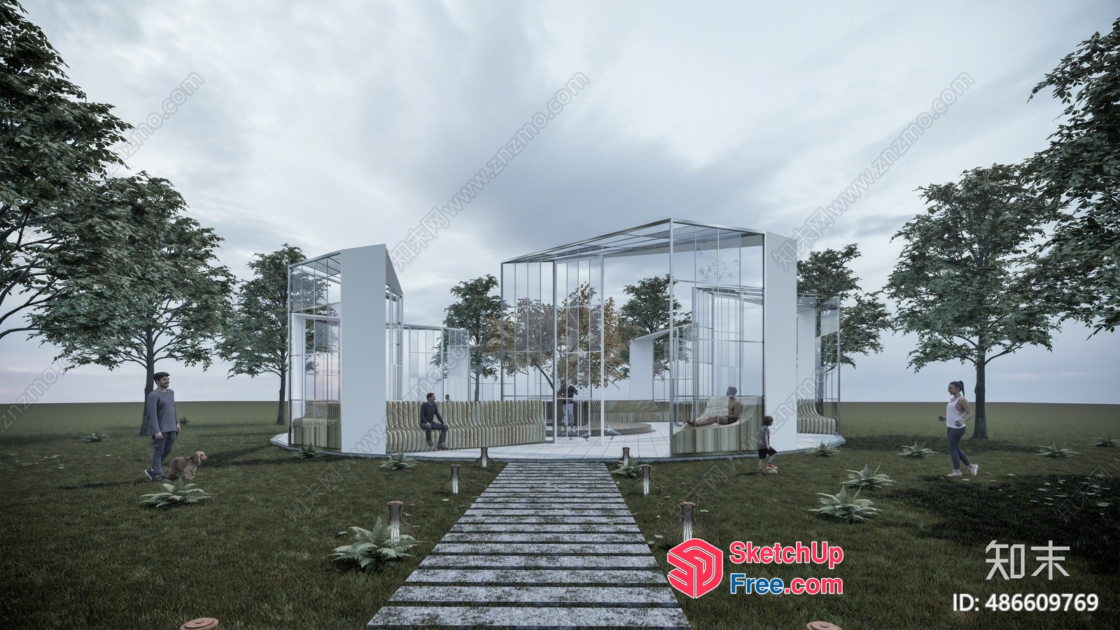 Modern Glass House With Curved Lines And Greenery 3D SketchUp File