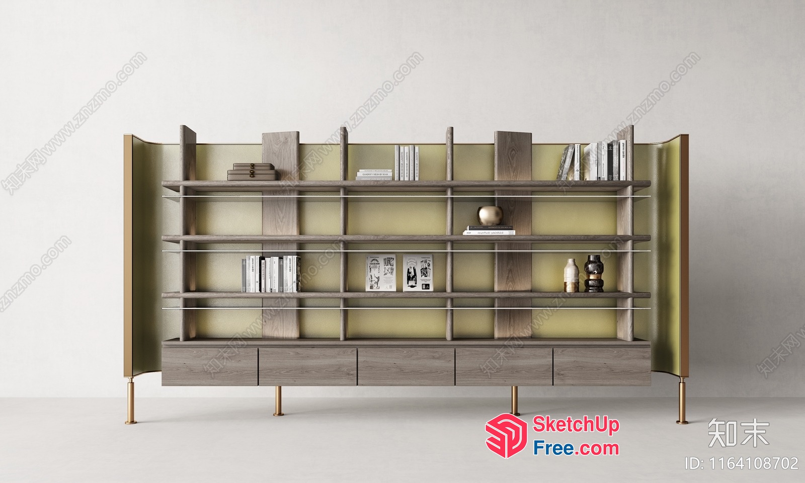 Modern Bookcase With Gold Accents And Light Wood 3D SketchUp File