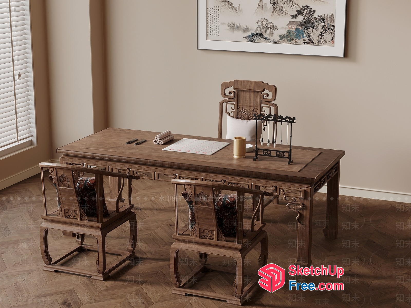 Elegant Asian-Inspired Office Desk With Ornate Chairs 3D SketchUp File
