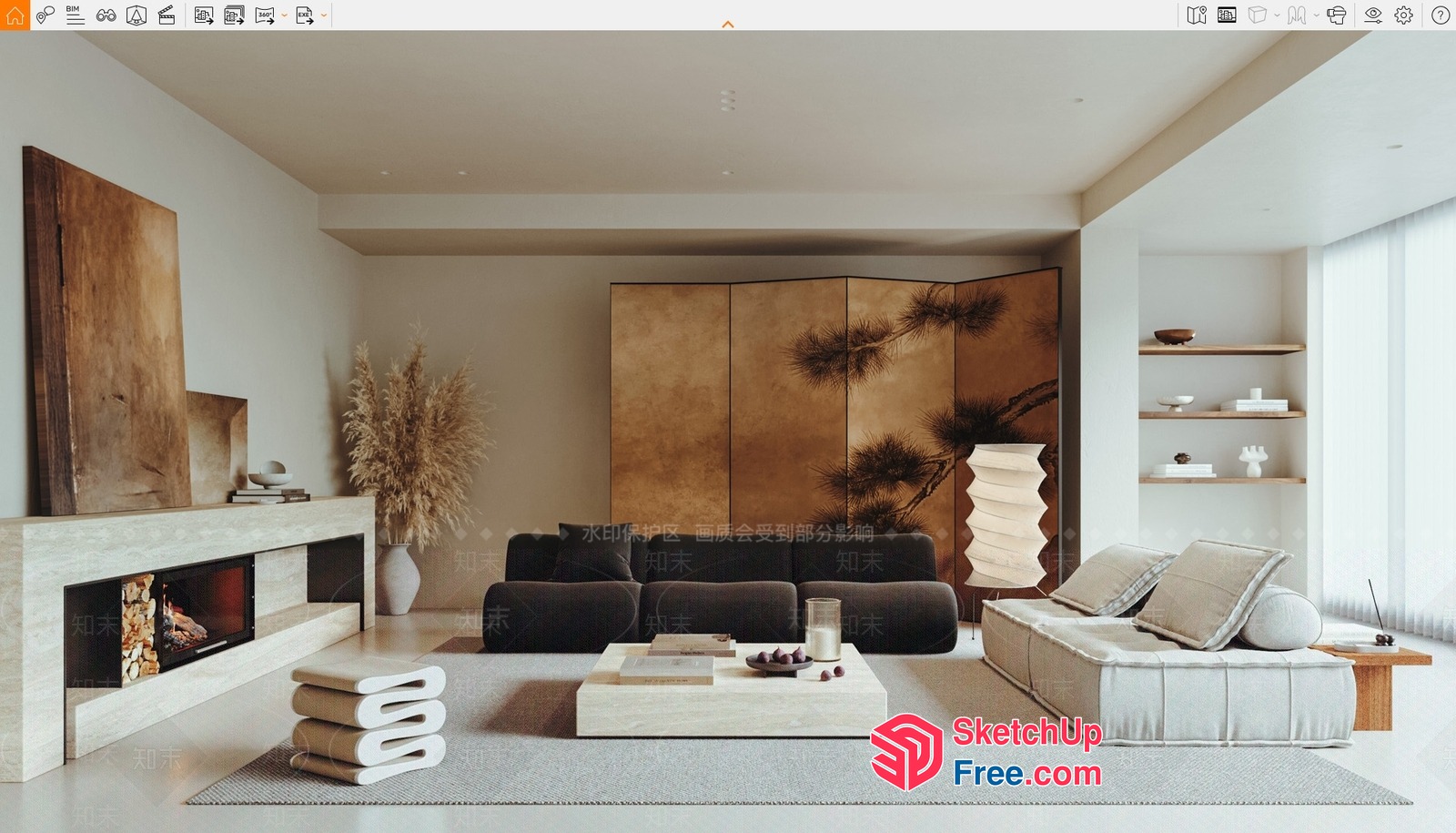 Modern Living Room With Fireplace And Minimalist Decor 3D SketchUp File