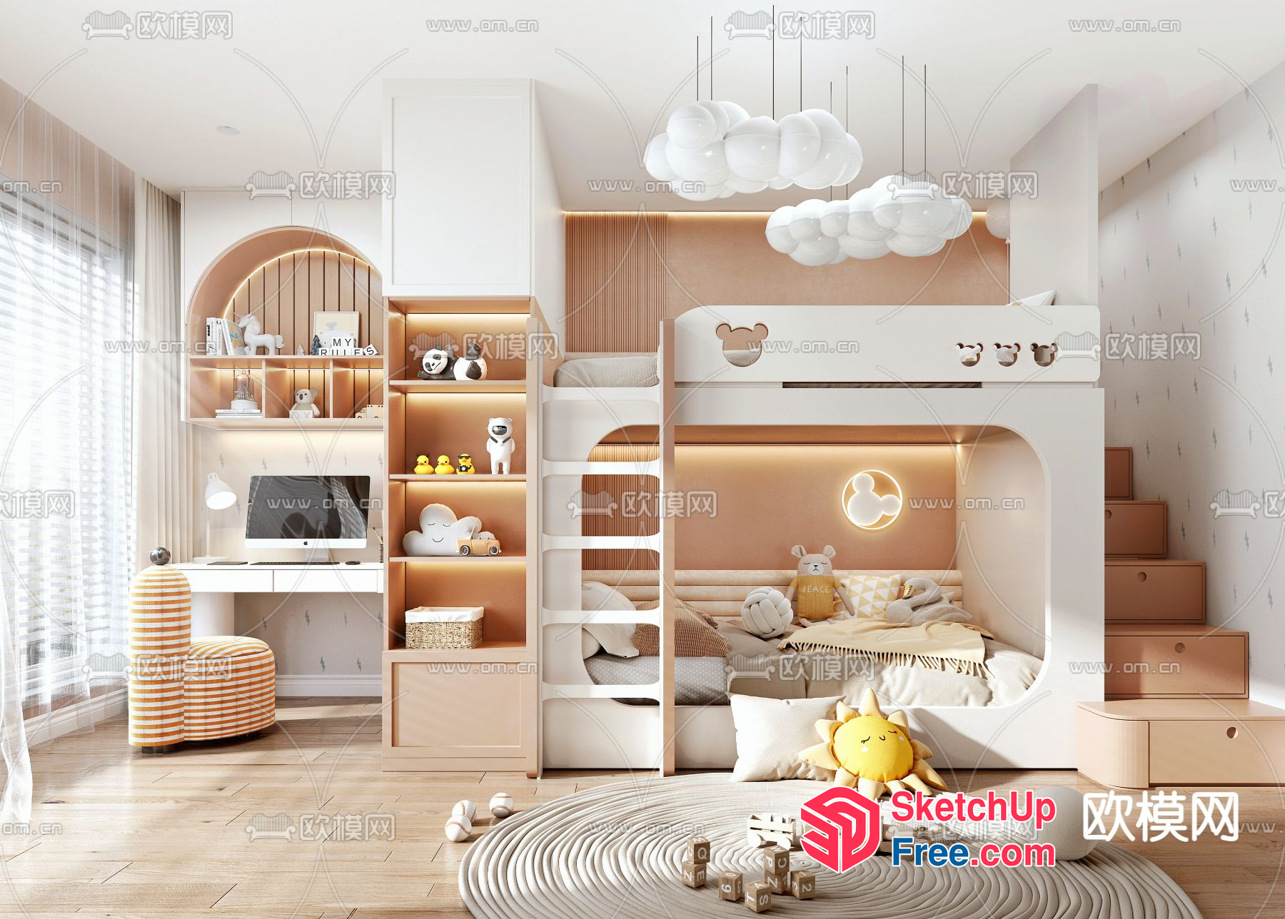 Modern Minimalist Kids Room With Cloud-Themed Decor 3D SketchUp File