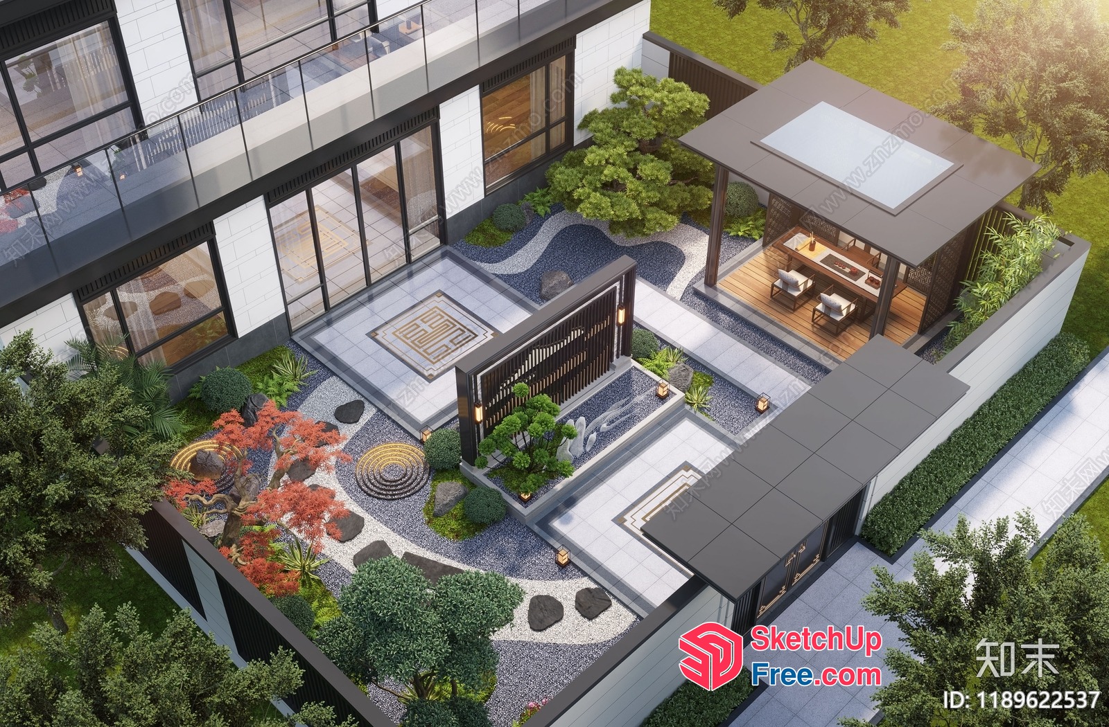 Modern Japanese-Inspired Courtyard With Zen Garden And Gazebo 3D SketchUp File